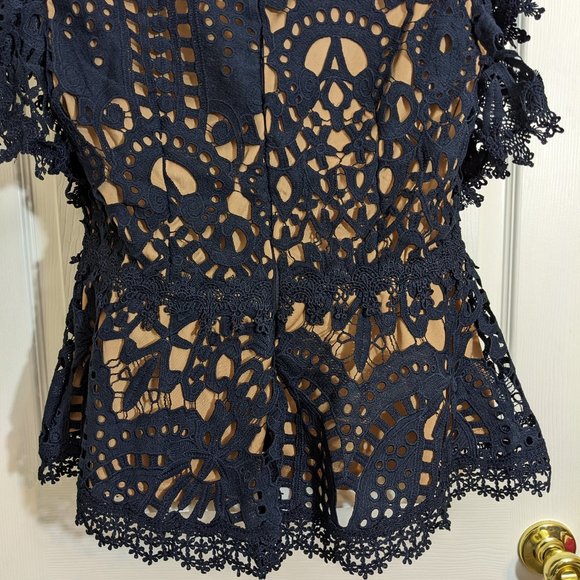 For Her NYC Navy Crochet Floral V Neckline Cap Sleeve Peplum Style Blouse - XL - Picture 10 of 13